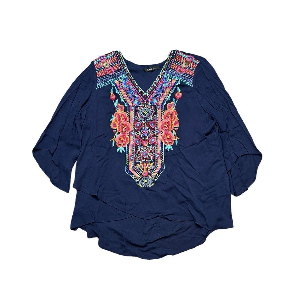 CALESSA Embroidered Blouse Blue Size Medium